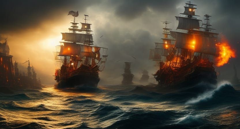 Pirate Ship Sailing to Island: Epic Digital Matte Painting