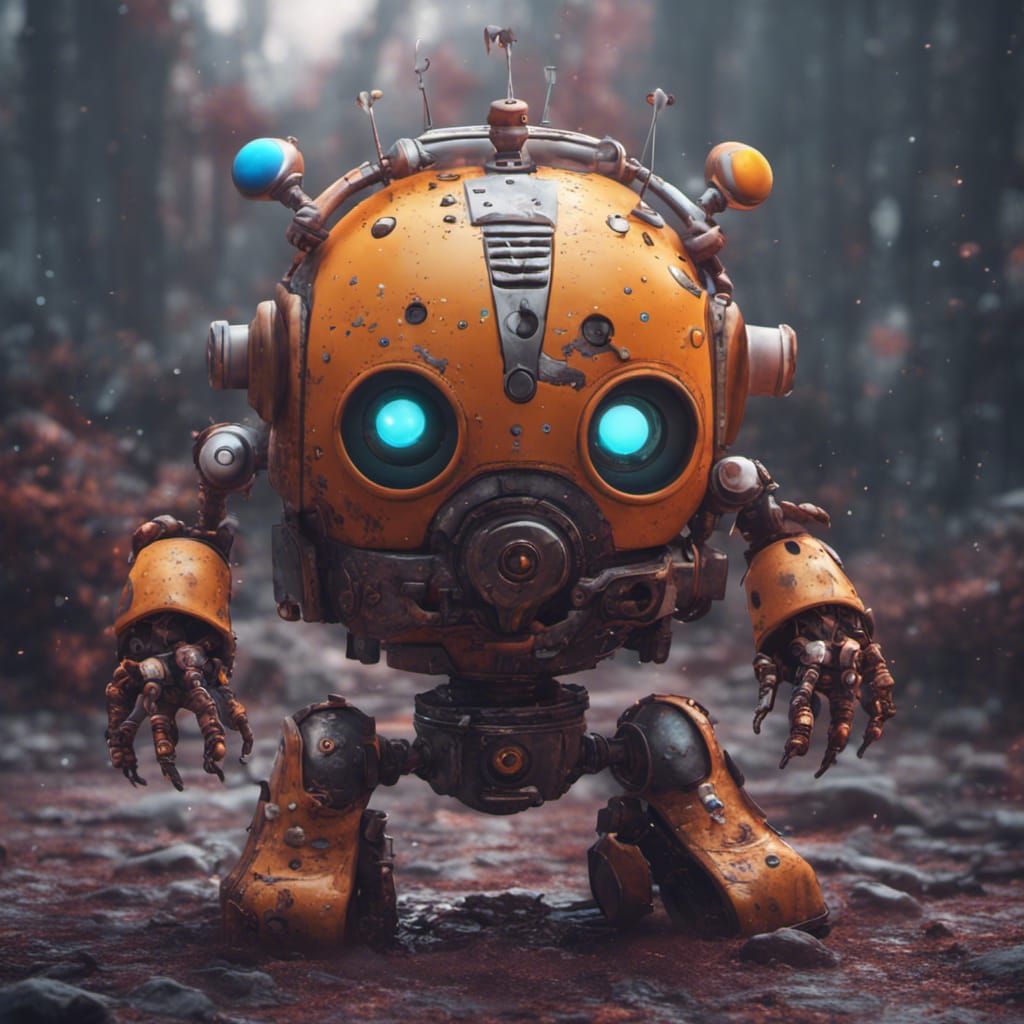 Cute Robot in Horror Setting, Detailed Matte Painting