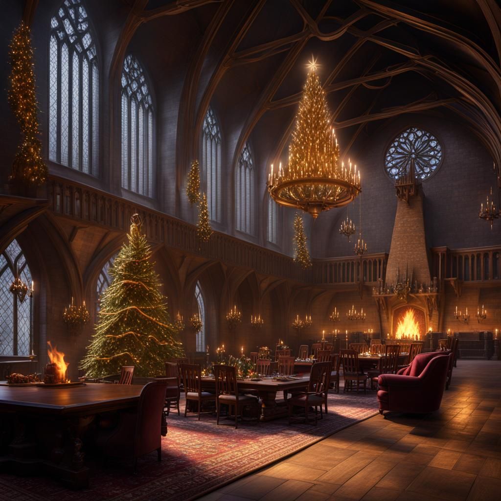 Hogwarts Great Hall Christmas in Fantasy Art Style