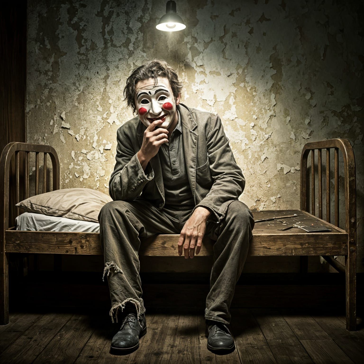 Man in Ruined Room Holds Comedy Mask