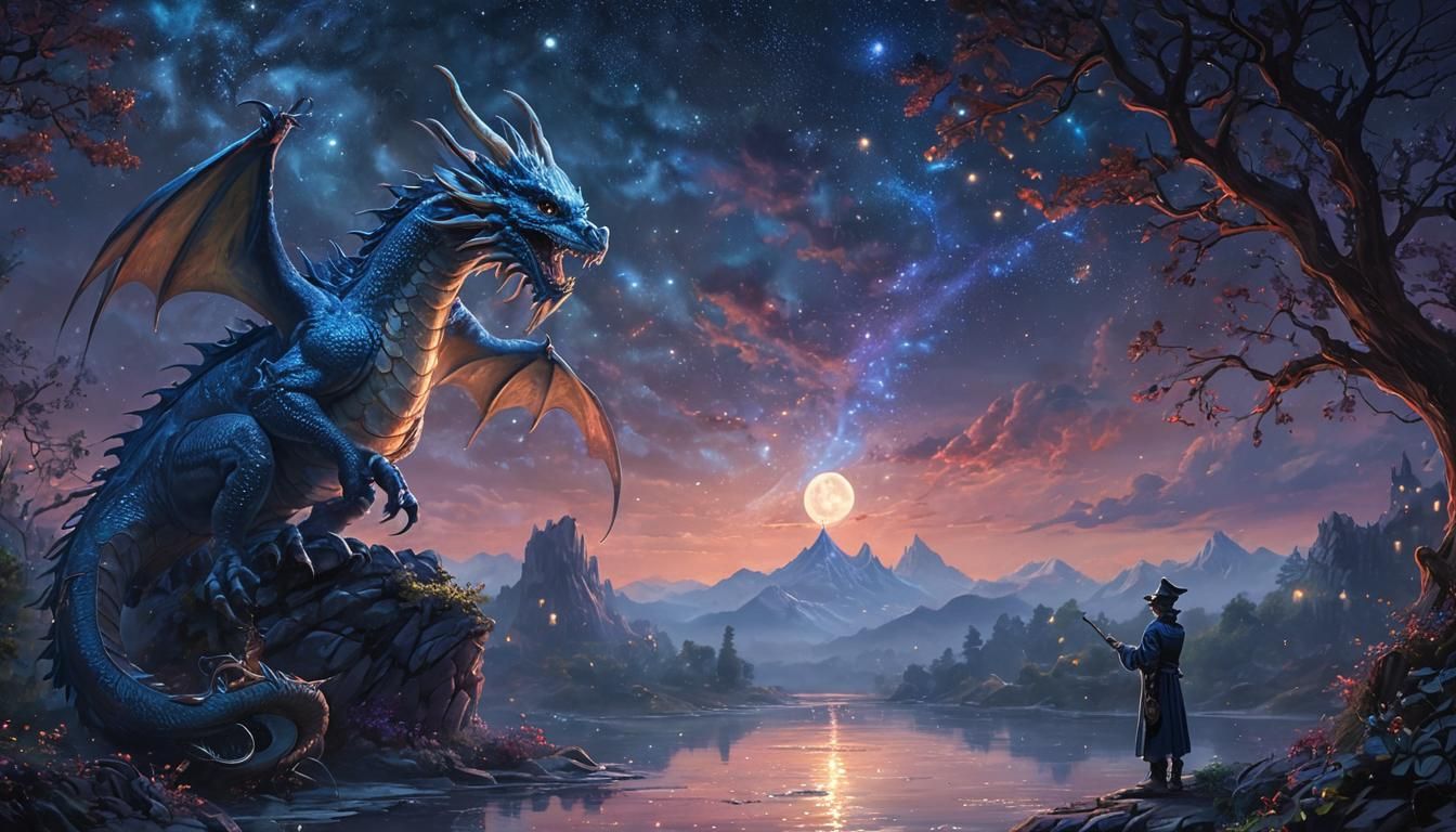 Magician and Dragon in Ethereal Fantasy Dreamscape