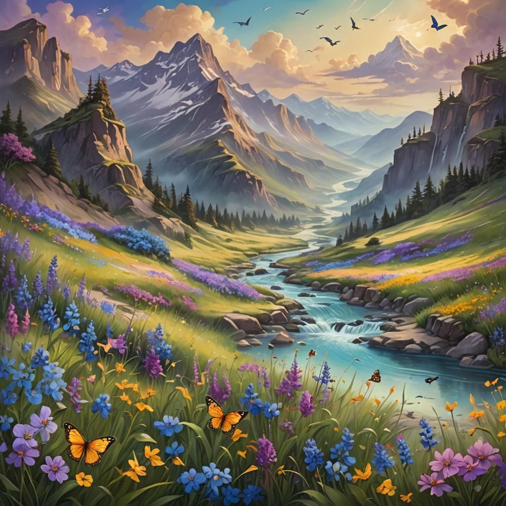 Whimsical Landscape with River and Wildflowers