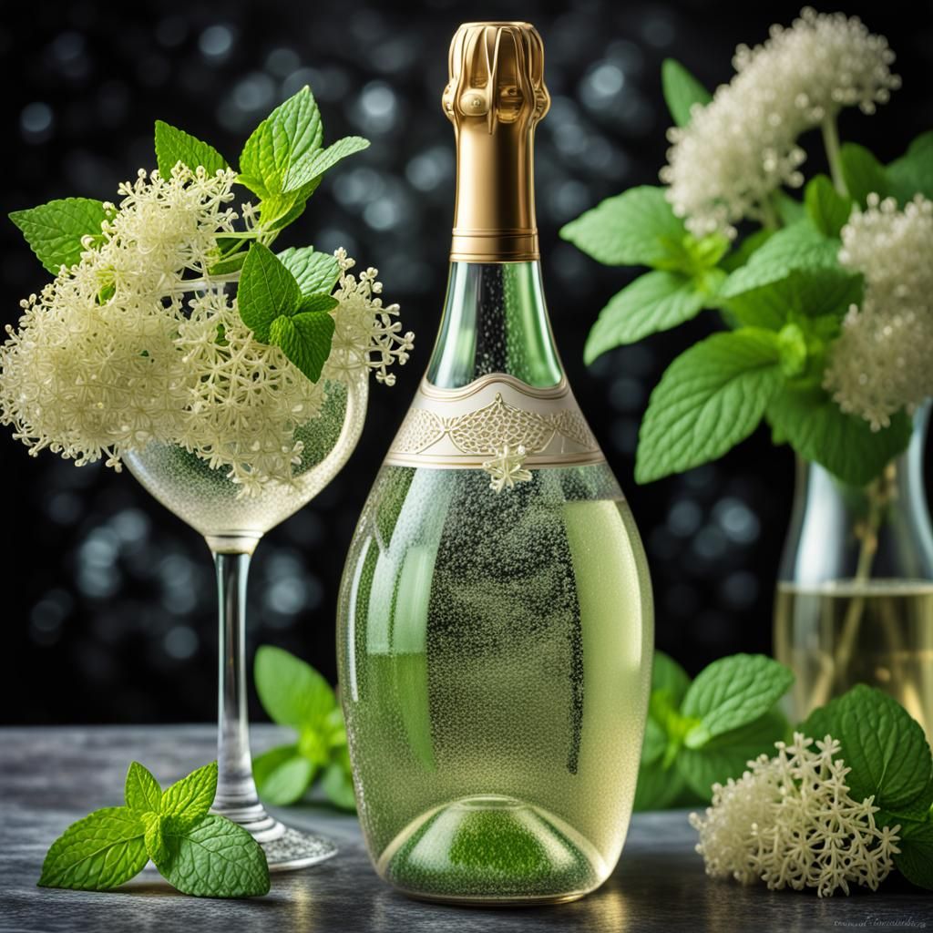 Hyperrealistic Carafe of Elderflower and Mint Wine