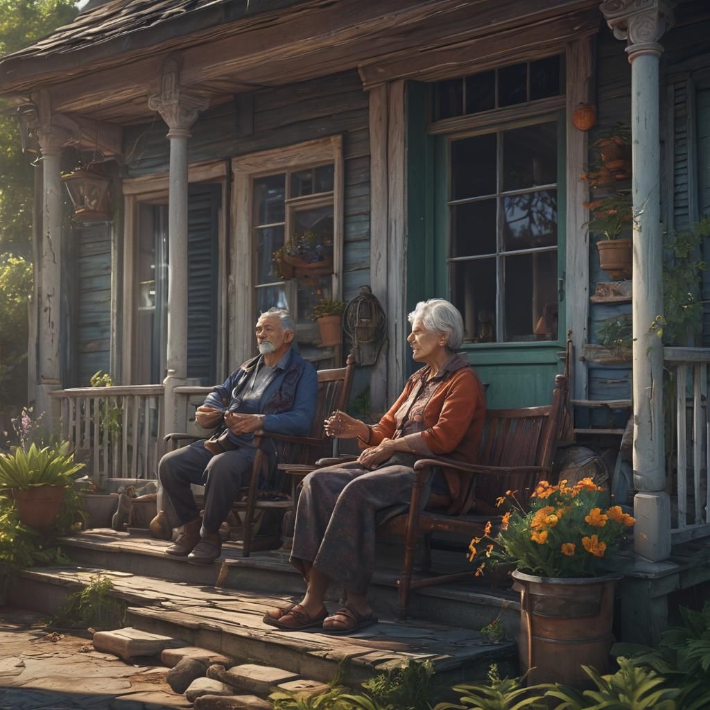Elderly Couple on Porch: Detailed Matte Painting