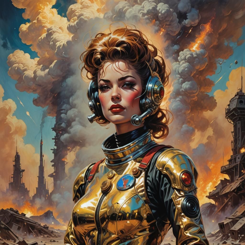 Woman in Metallic Suit in Post-Apocalyptic Wasteland