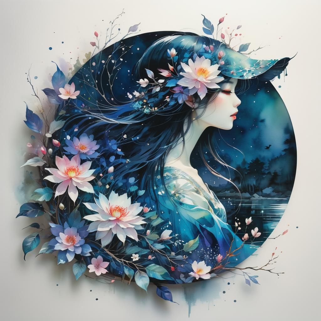 Dreamy Lake Glade at Night in Watercolor Art