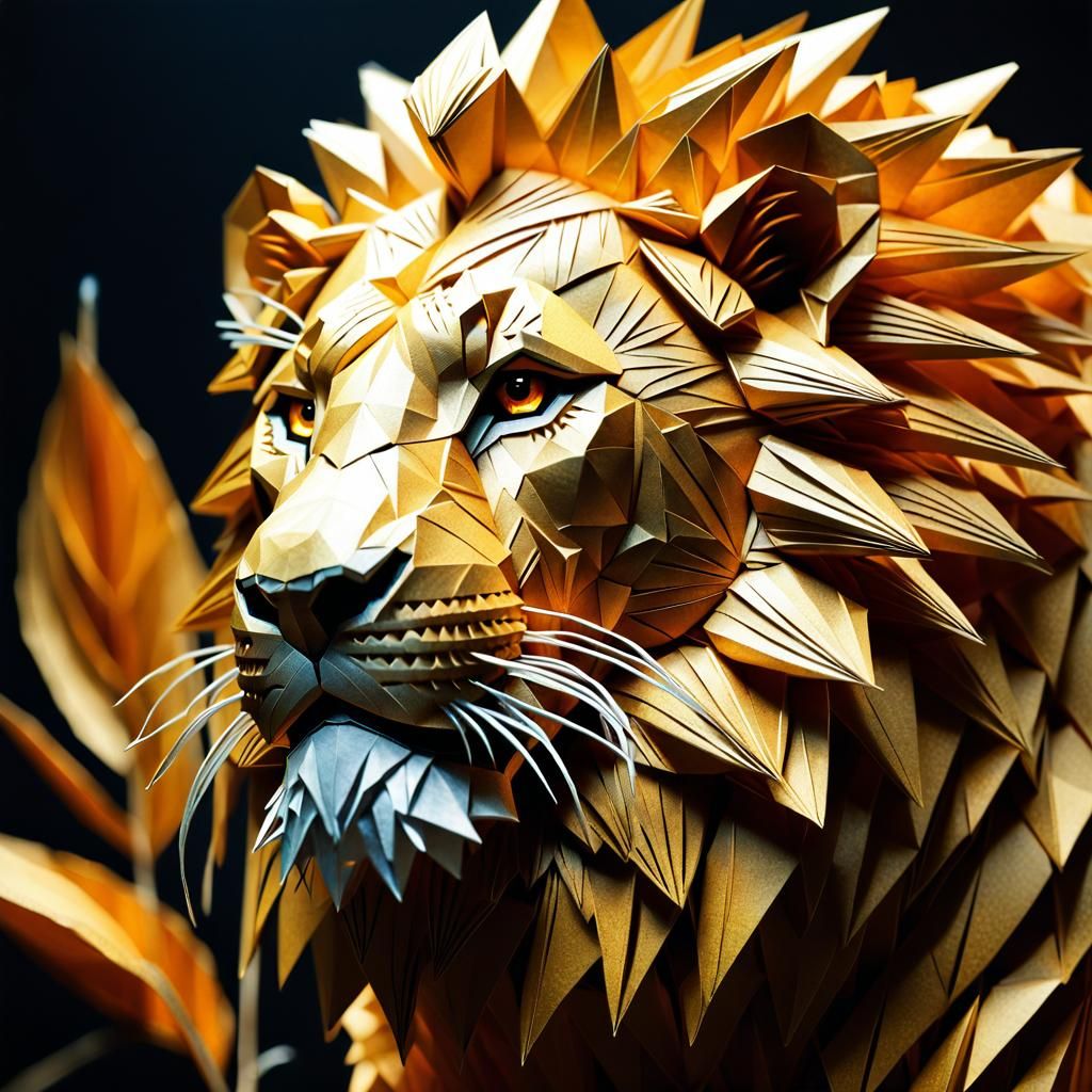 Golden Origami Lion Papercraft Sculpture