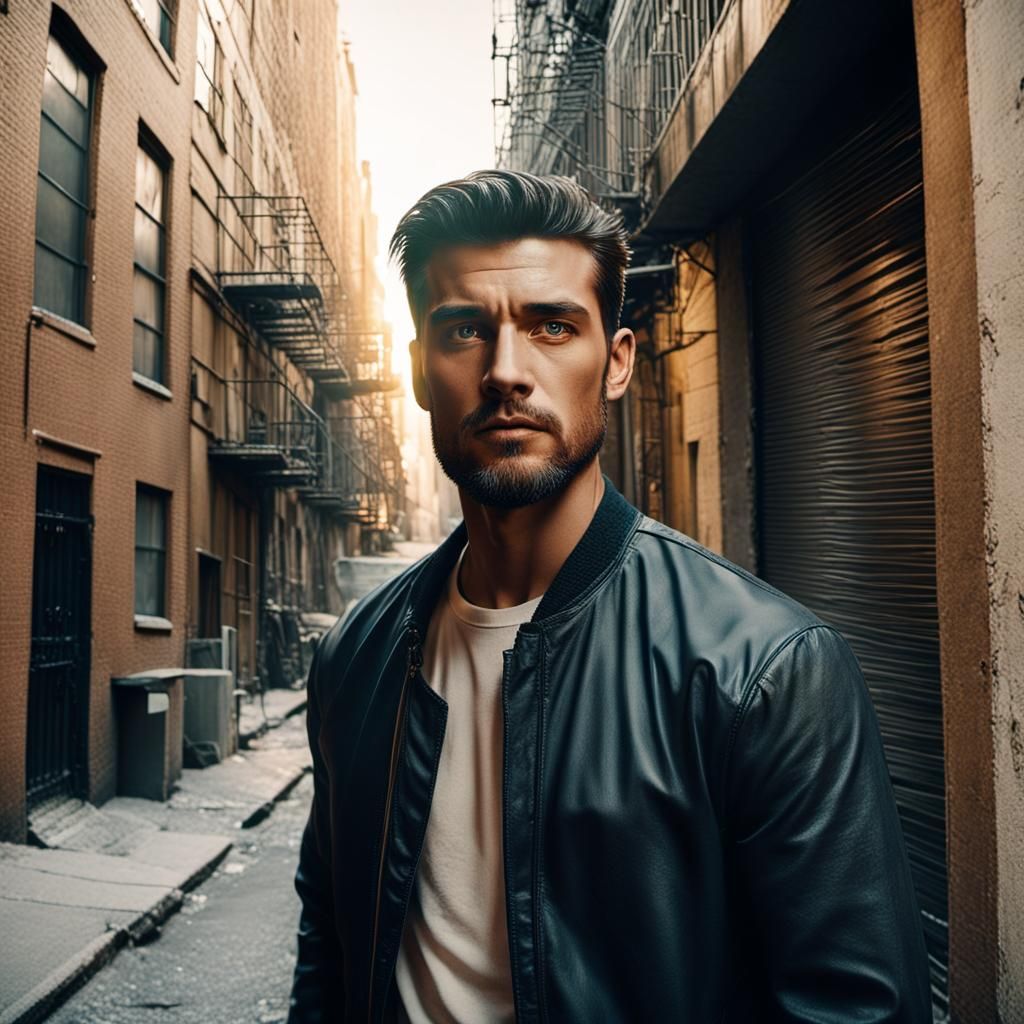Handsome Man in Dim Alleyway: Cinematic Film Still