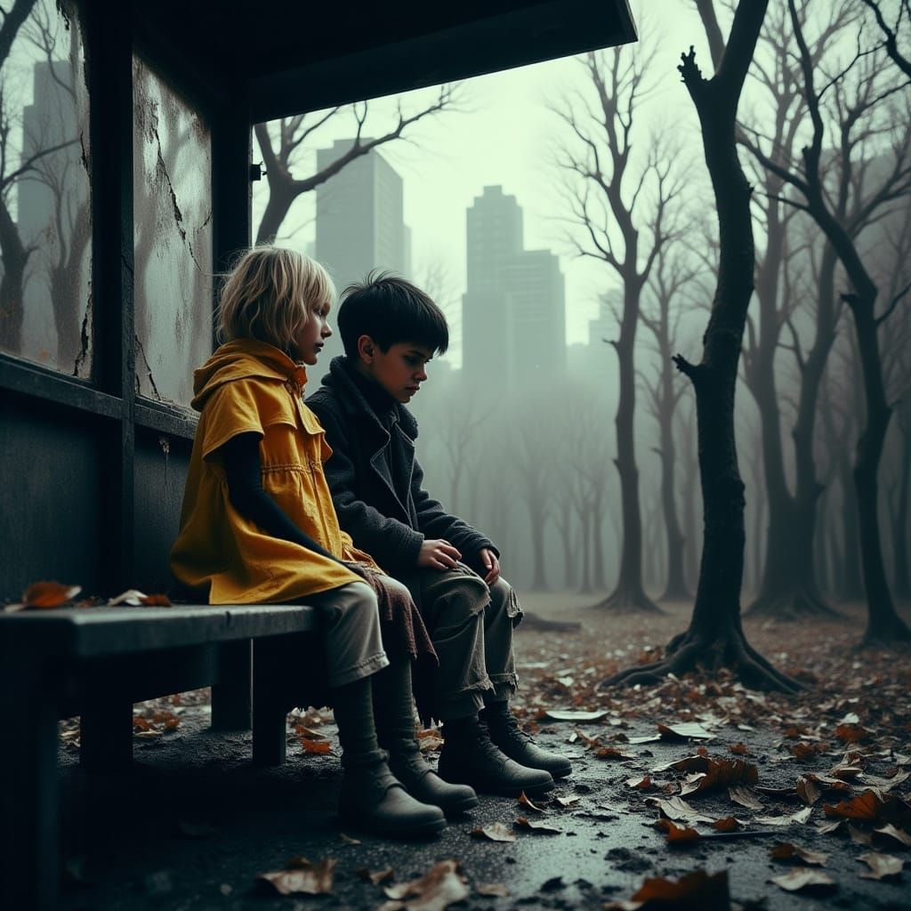Melancholic Bus Stop Scene in Dark Fantasy Realism