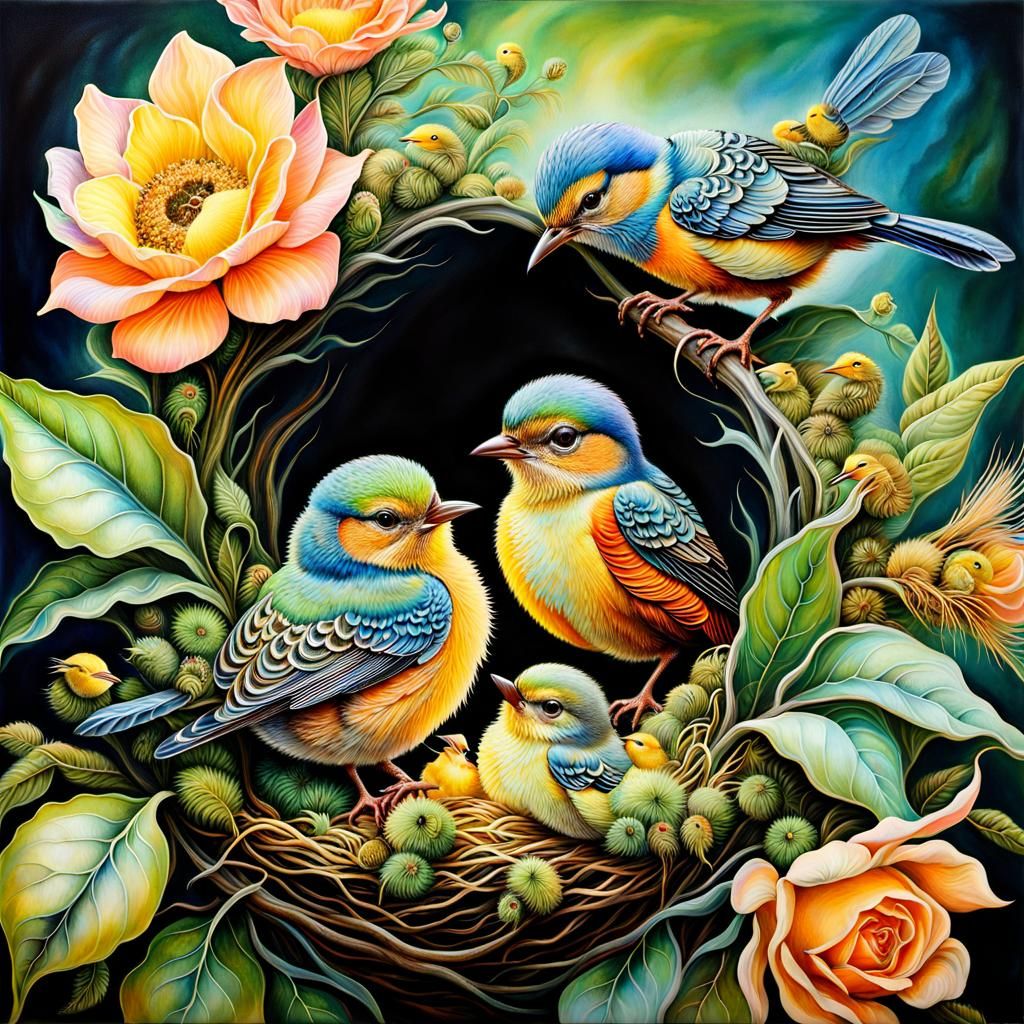 Dreamy Bird's Nest Collage in Airbrush Style