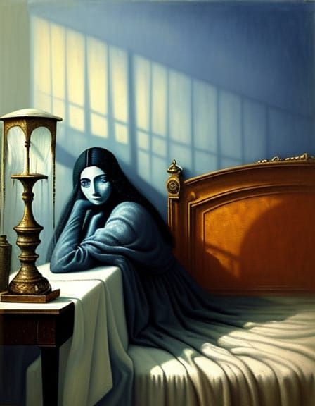 Surreal Bedroom Scene with Ethereal Woman