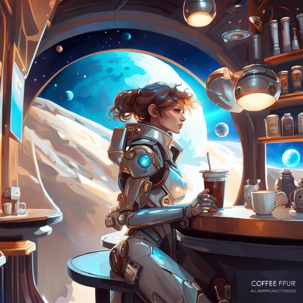 Cosmic Coffee Shop with Robot Staff in Space