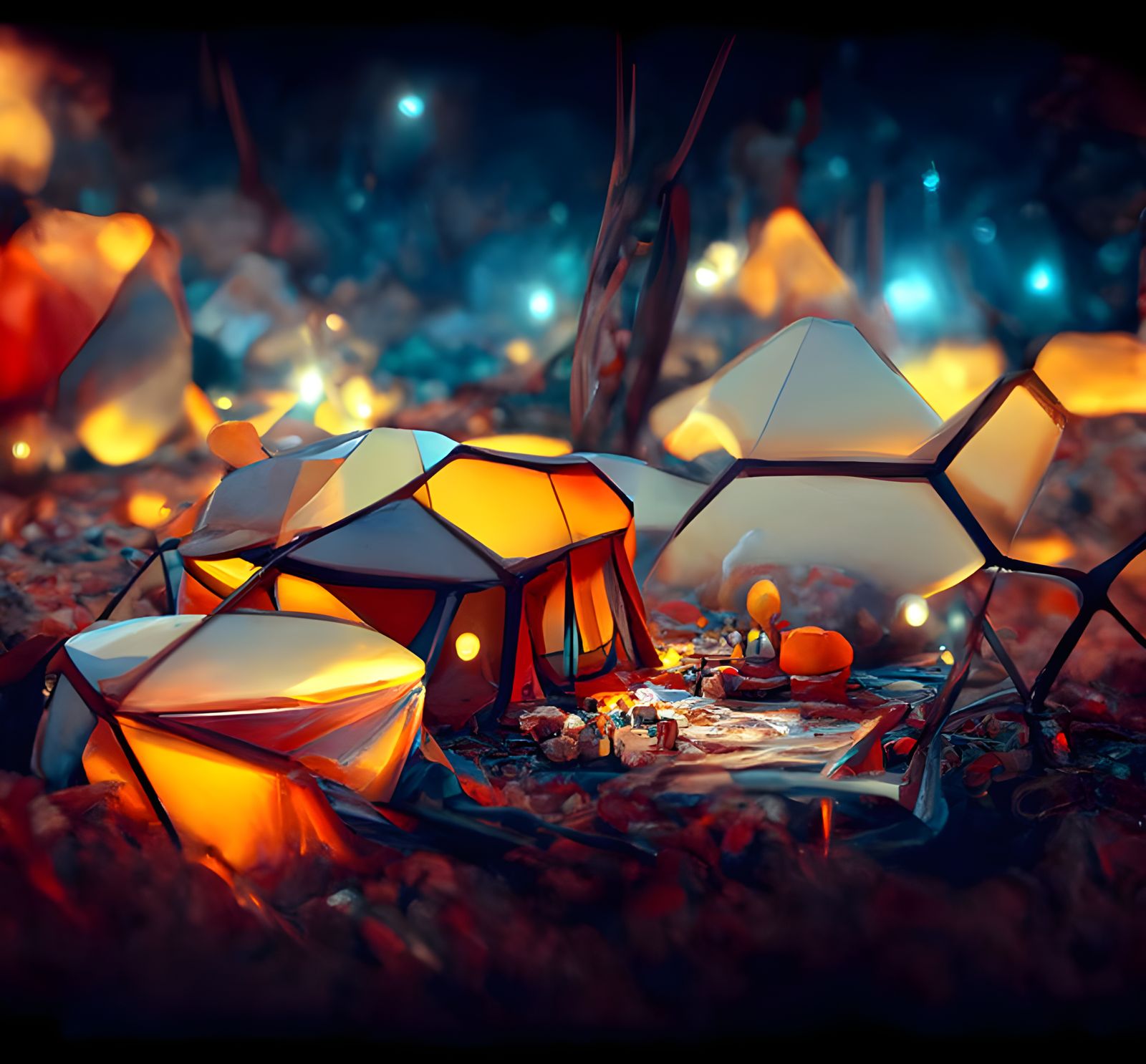 Honeycomb Campsite with Amber Swirls: Digital Illustration