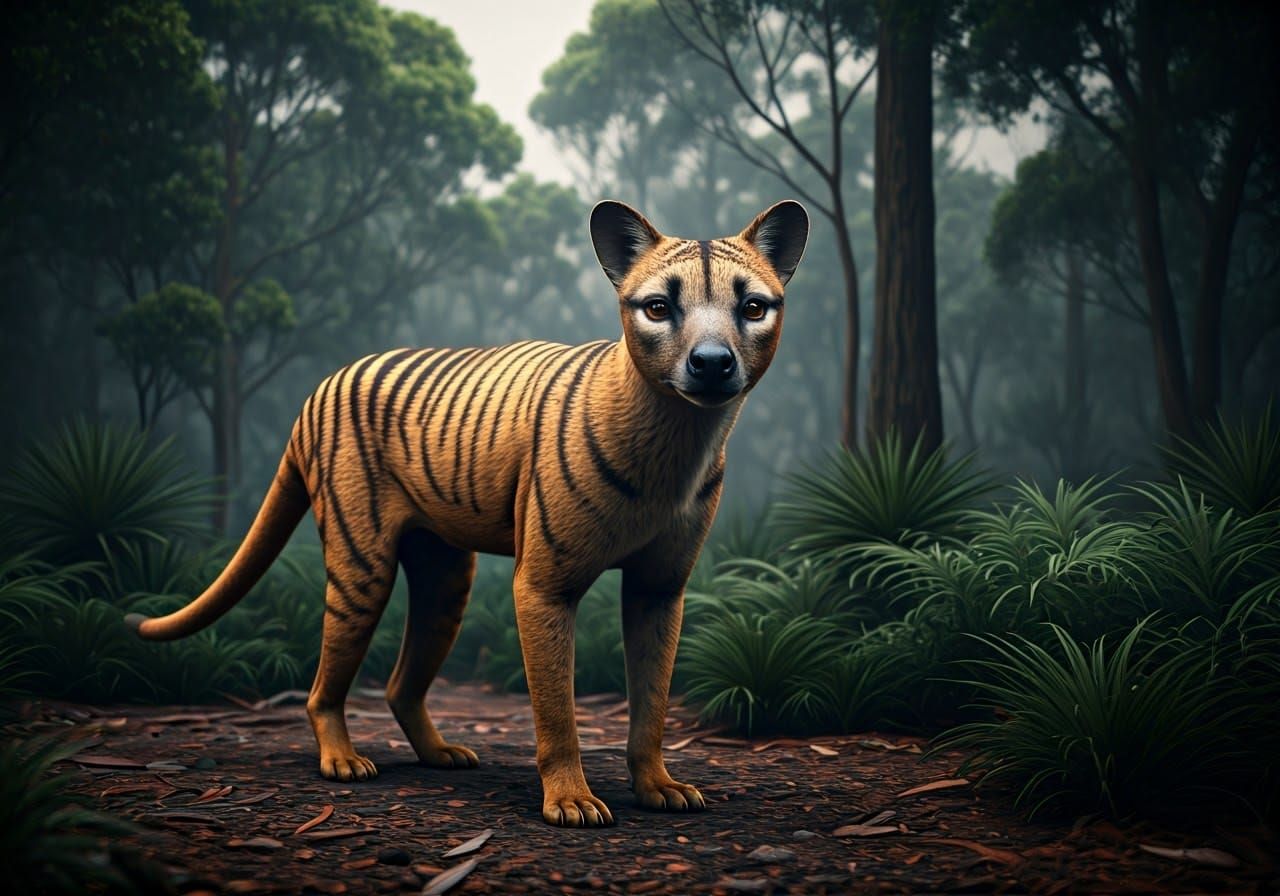 Mysterious Tasmanian Thylacine in Hyperrealistic Wilderness