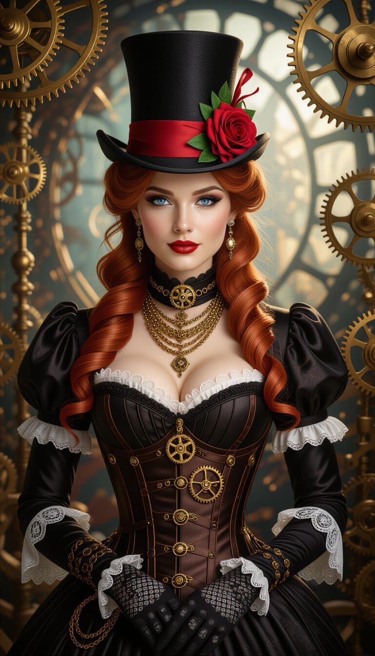 Steampunk Woman With Red Hair and Clockwork