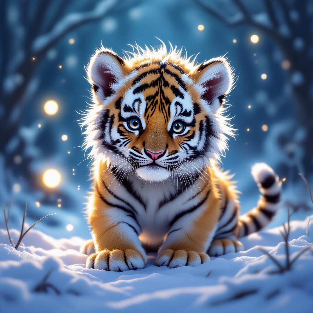 White Tiger Cub with Orbs in Matte Painting Style
