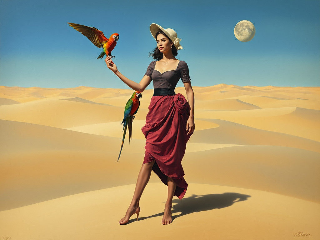 Barefoot Maid with Parrot in Surreal Desert