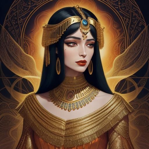 Cleopatra in Flowing Orange Gown: Art Deco Fusion