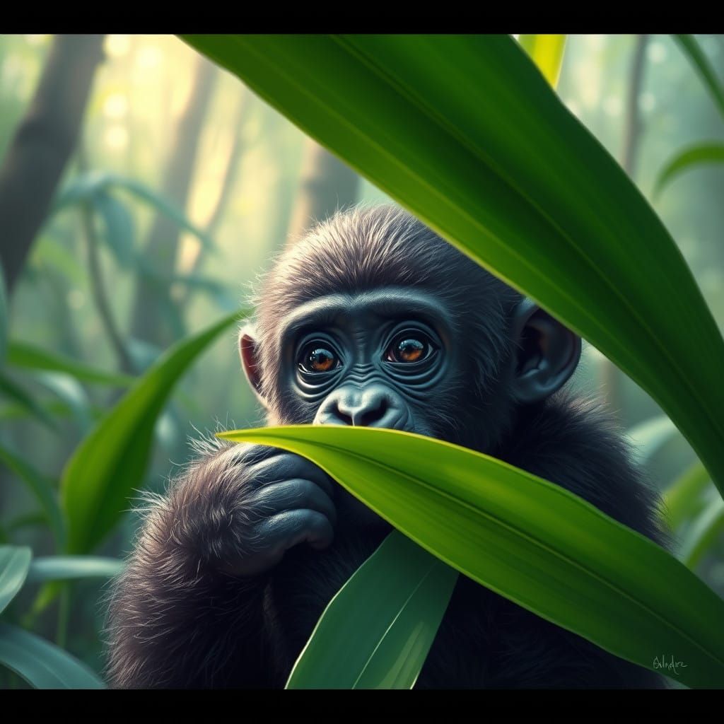 Curious Baby Gorilla Amidst Jungle Foliage in Vibrant Artist...