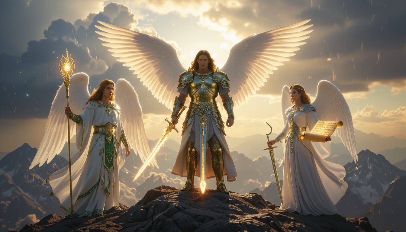 Archangels on Sacred Mountain in Cinematic Realism