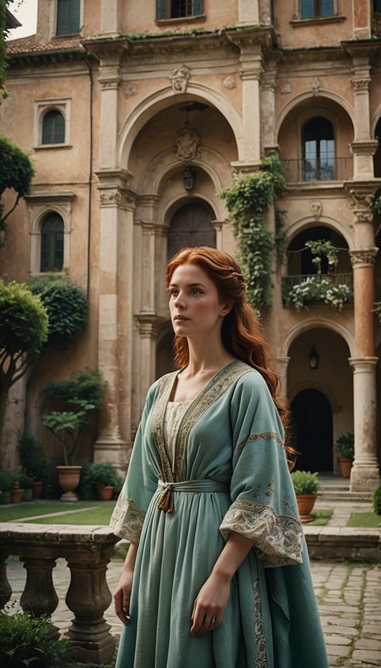 Elegant Noblewoman in Italian Courtyard