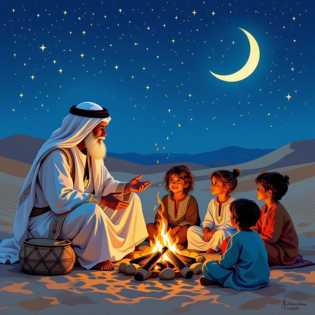 Bedouin Storyteller Under Starlit Sky, Digital Art