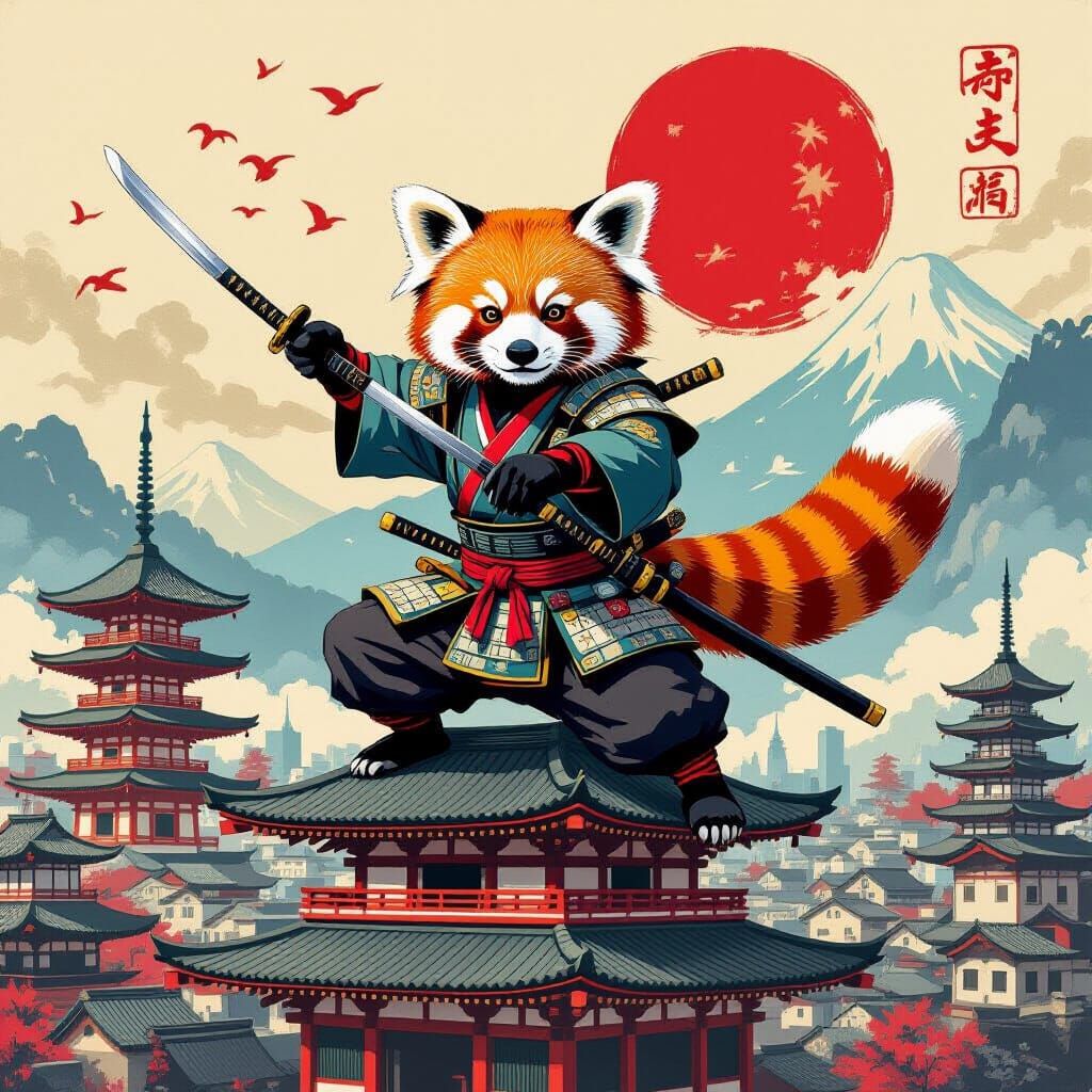 Samurai Red Panda in Edo Japan Cityscape