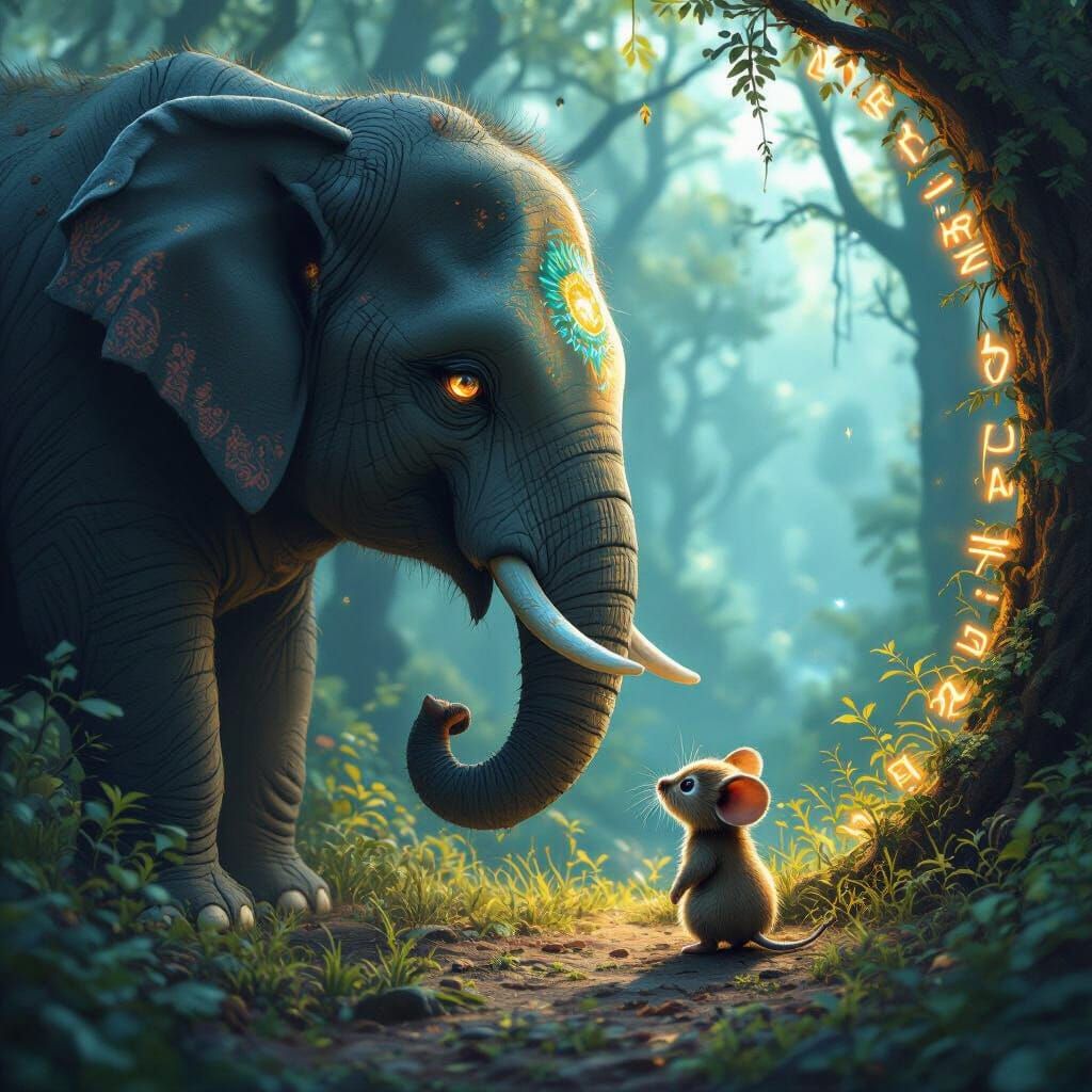 Mouse Sees Reflection in Elephant's Eye in Mystical Forest