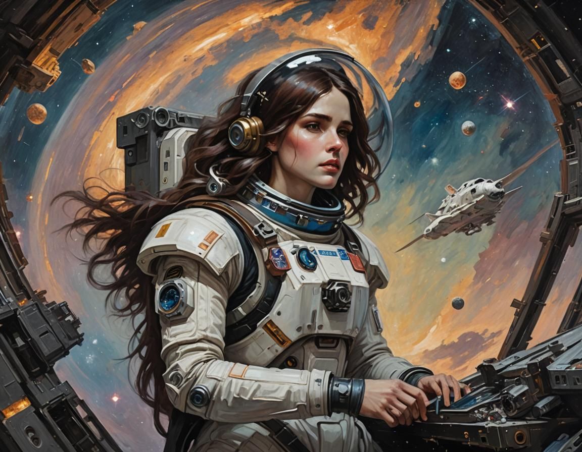 Android Woman in Space, Oil Painting Style