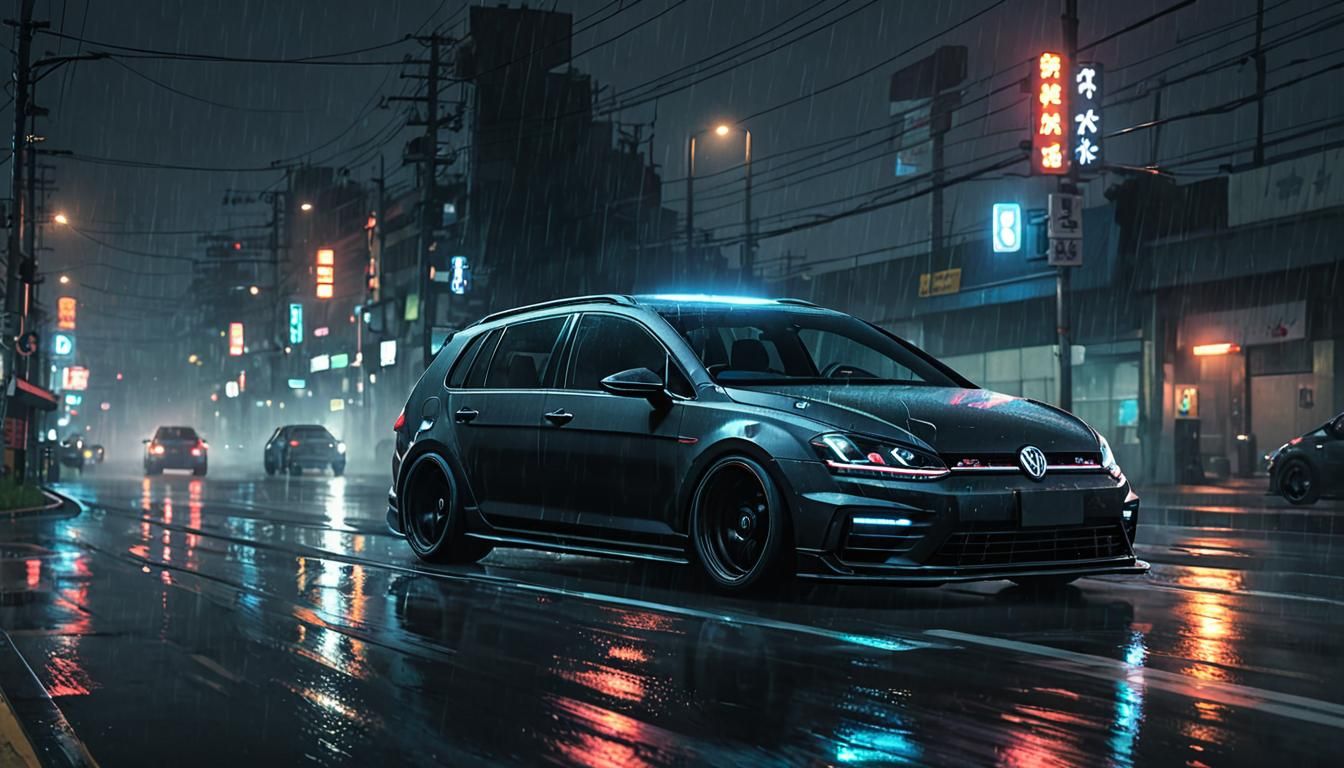Cyberpunk VW Golf 7R Drifting on Neon Highway