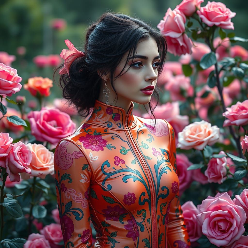 Woman in Latex Jumpsuit Surrounded by Roses
