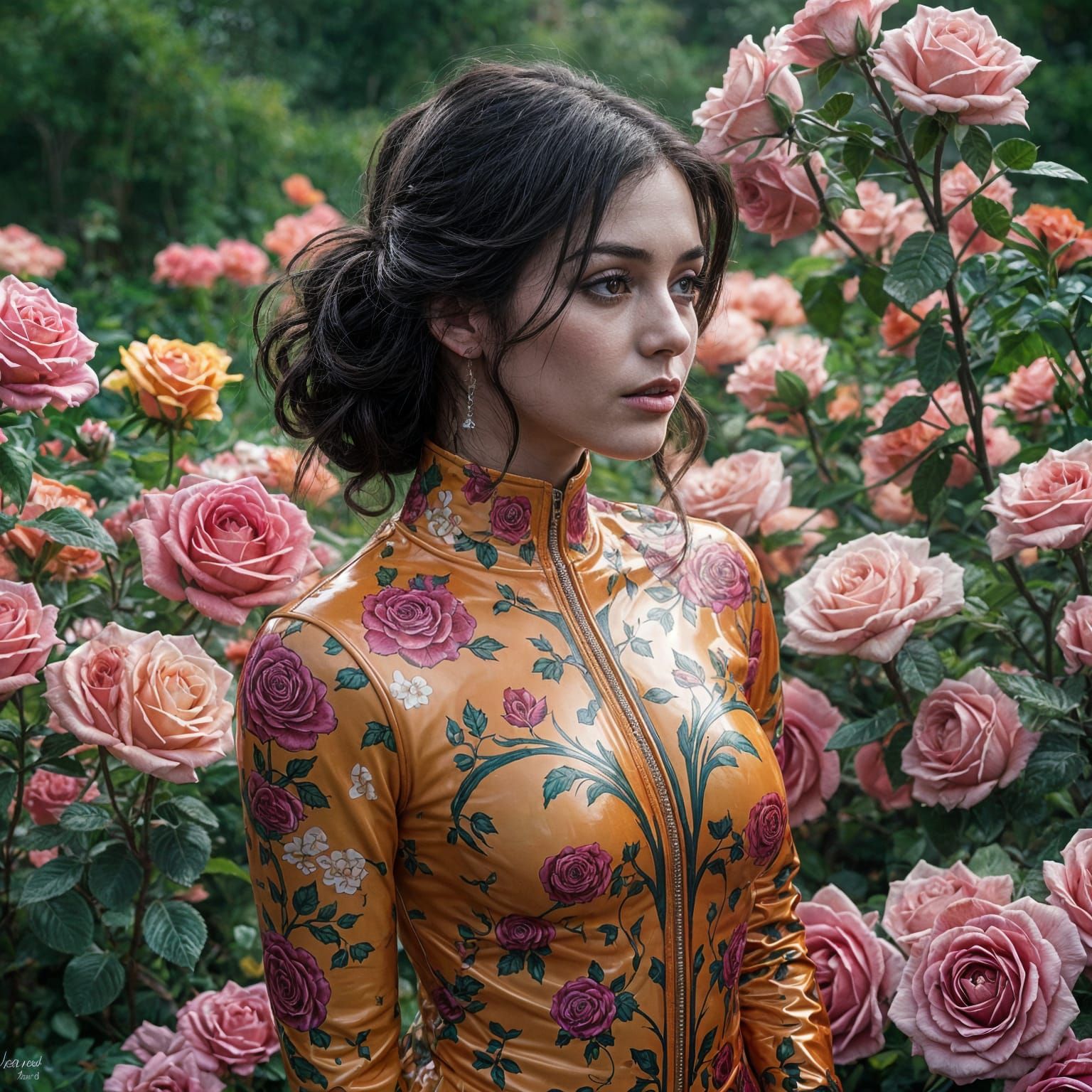 Beautiful Woman in Colorful Latex Jumpsuit in Rose Garden
