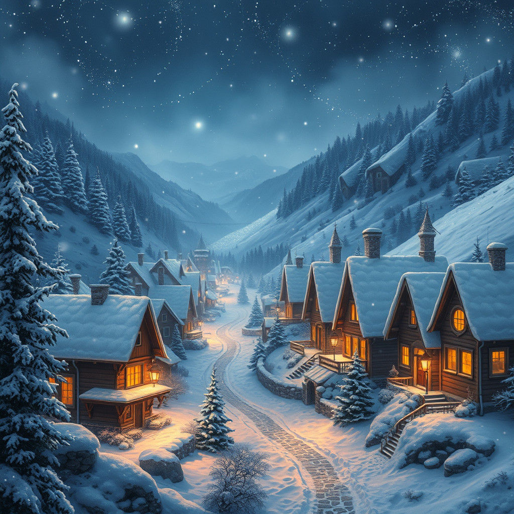 Snowy Village Aglow with Whimsical White Lights