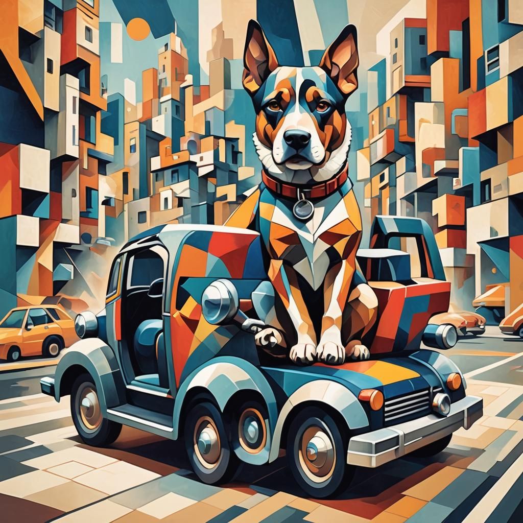 Cool Dog Driving Car in Cubist Art Deco Style