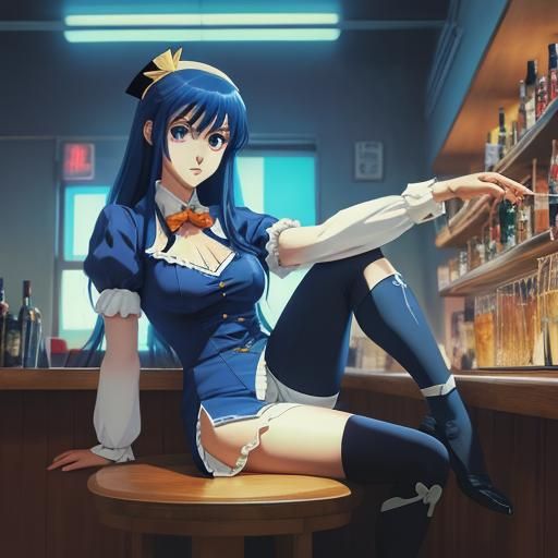 Anime Bar Maiden in Cel-Shaded Manga Style