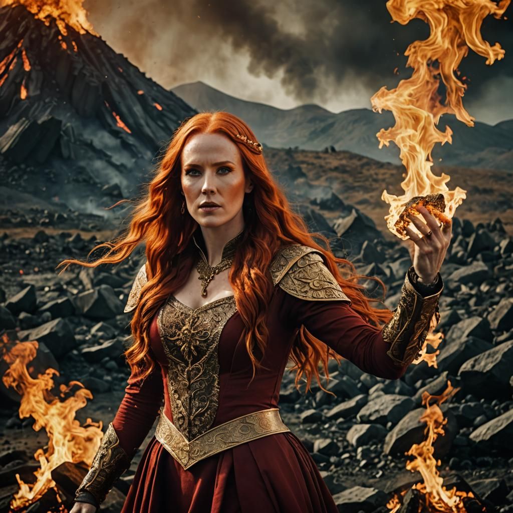 Medieval Fire Witch with Red Hair and Magic