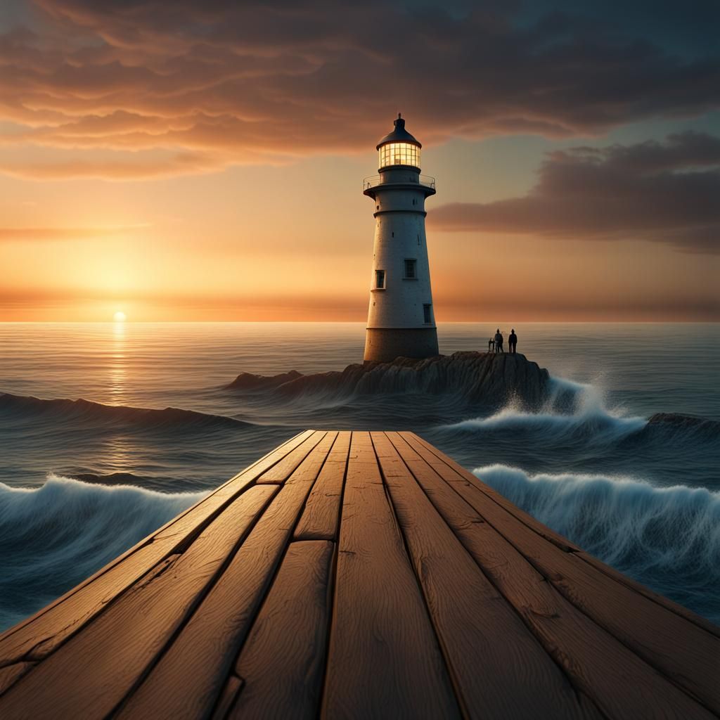 Sunset Beach View with Distant Lighthouse
