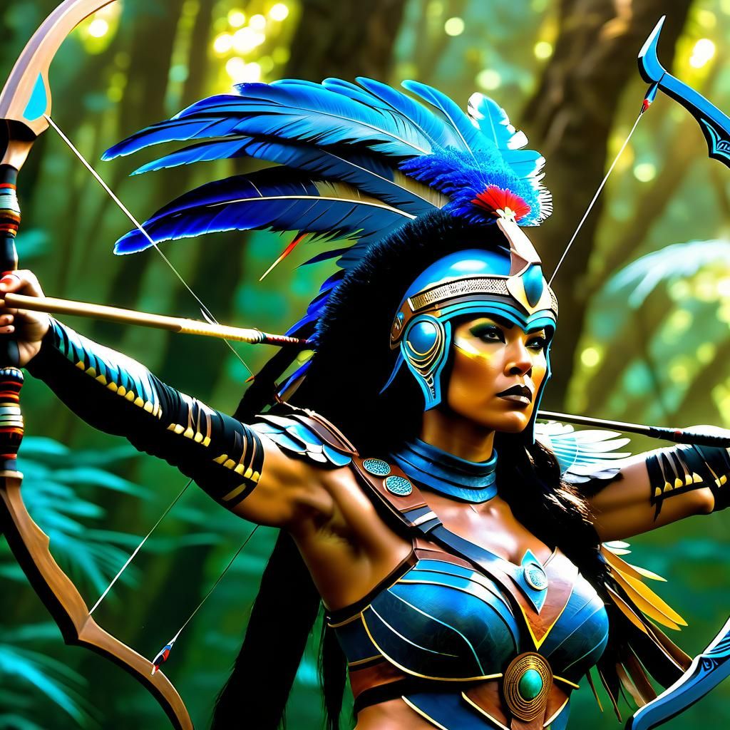 Bronzepunk Warrior Aiming Alien Bow in Forest