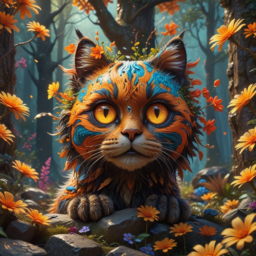 Vibrant Whimsy: Mystical Cat in a Colorful Forest