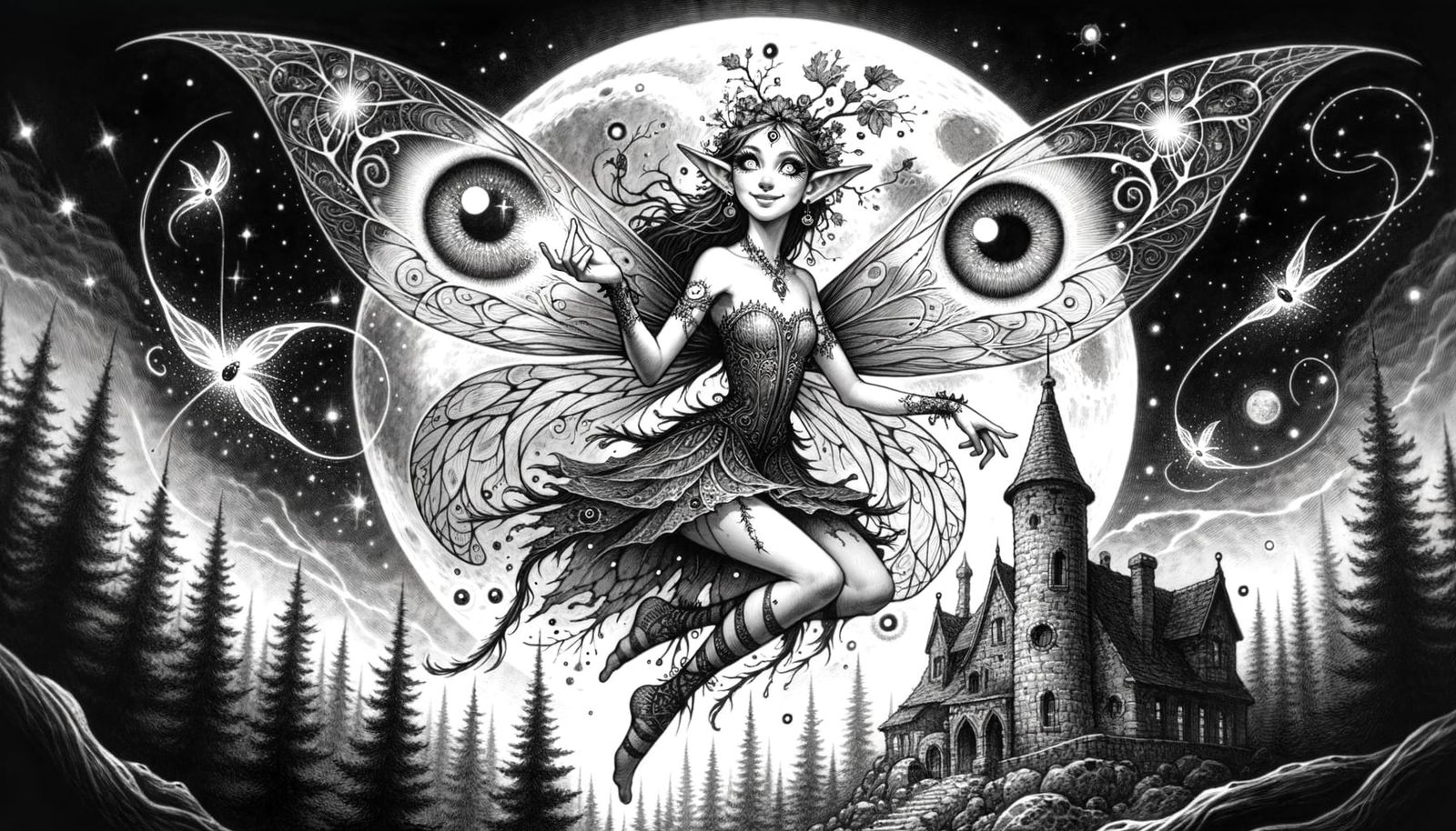 Ethereal Faerie Mage in Moonlight: Ink Drawing