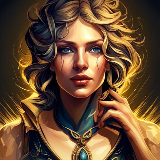 Ethereal Portrait in Gold and Black, Ornate Cross Detailing