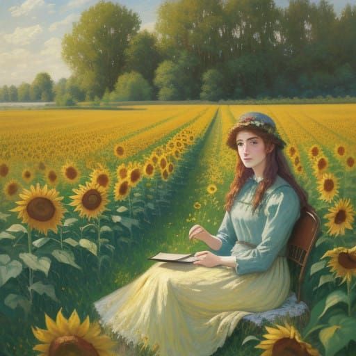 Impressionist Woman in Golden Sunflowers