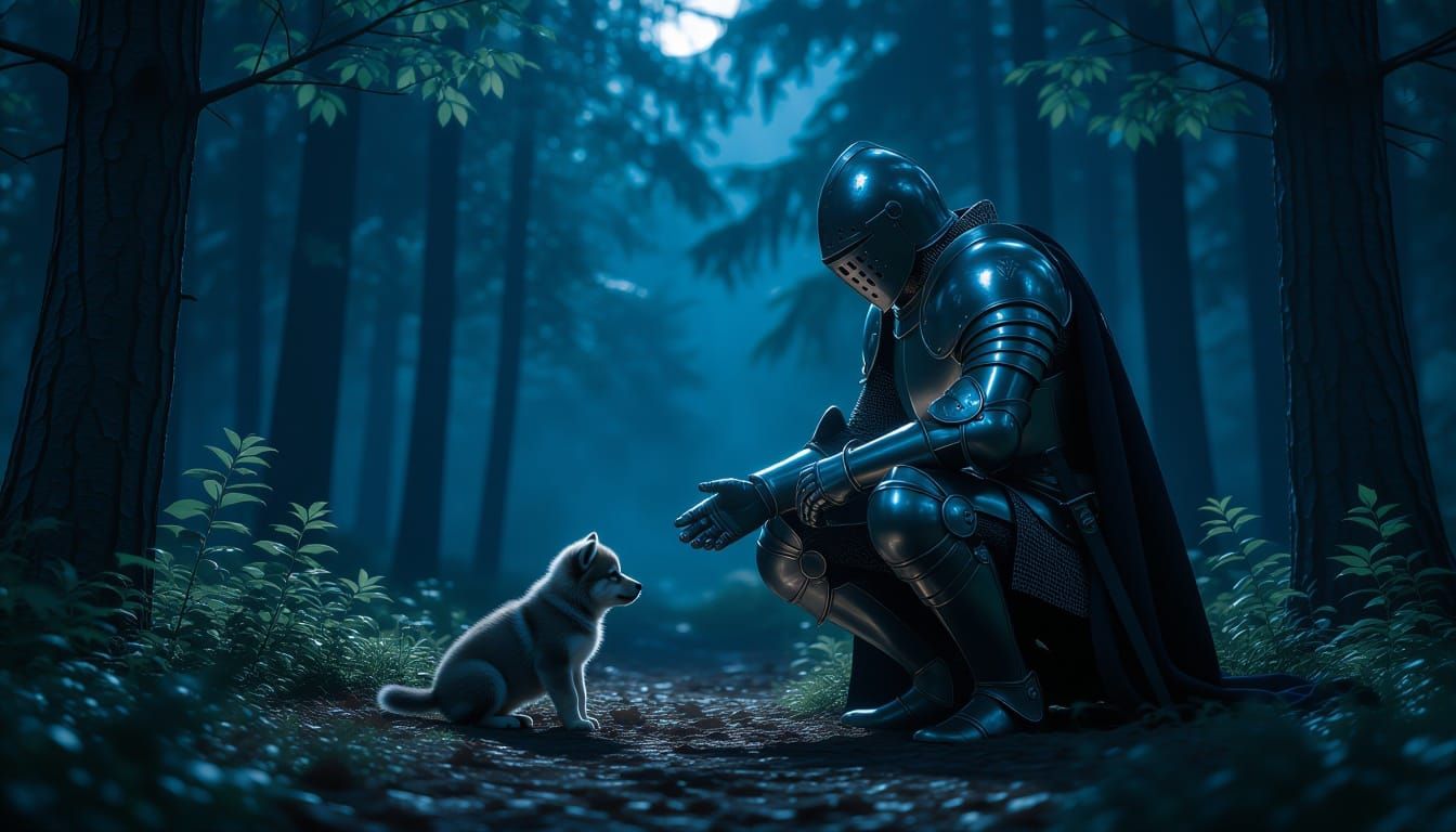 Knight Discovers Wolf Puppy in Moonlit Forest