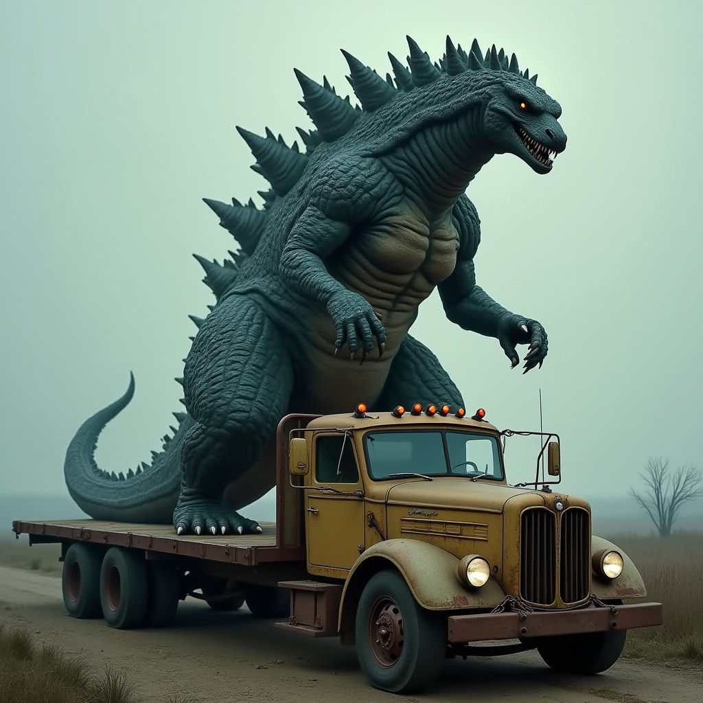Cyberpunk-Styled Godzilla Dominates Weathered Truck