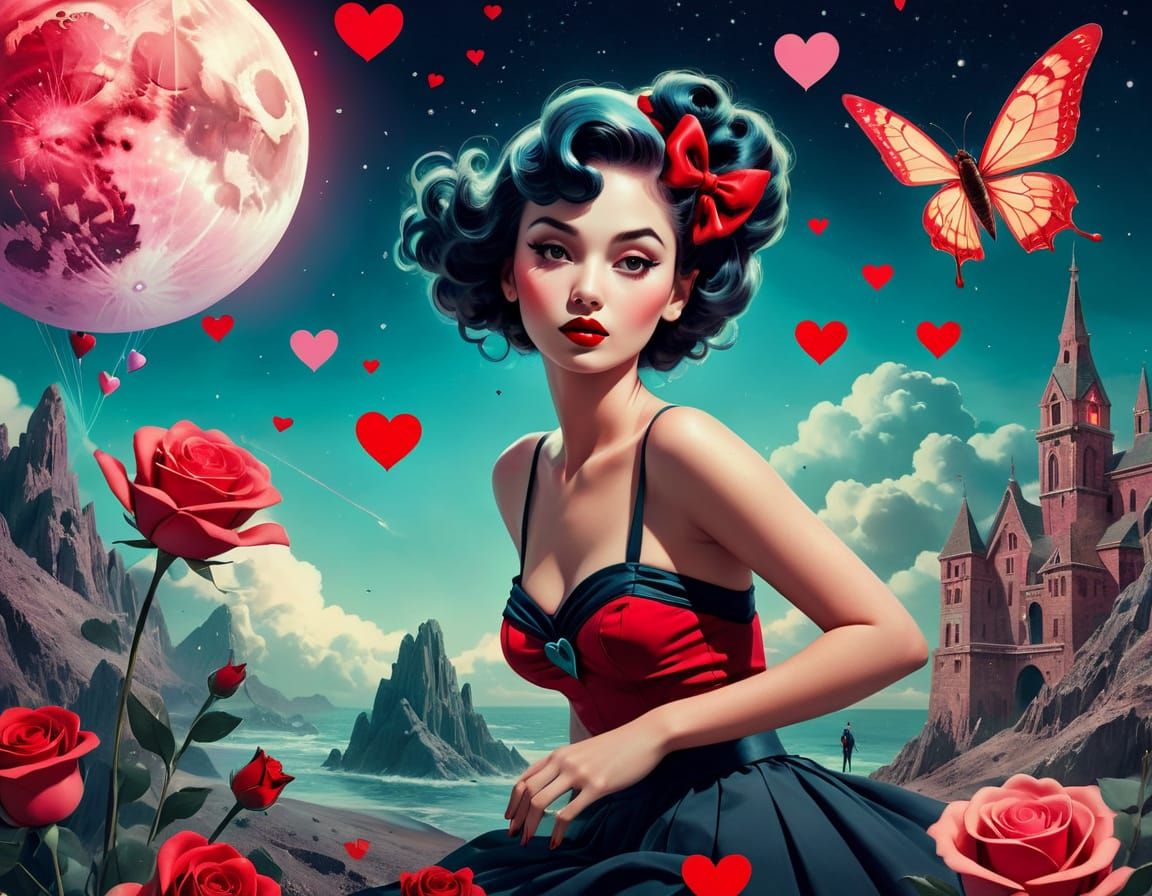 Surreal Pin-Up Valentine's Day Scene in Vibrant Colors