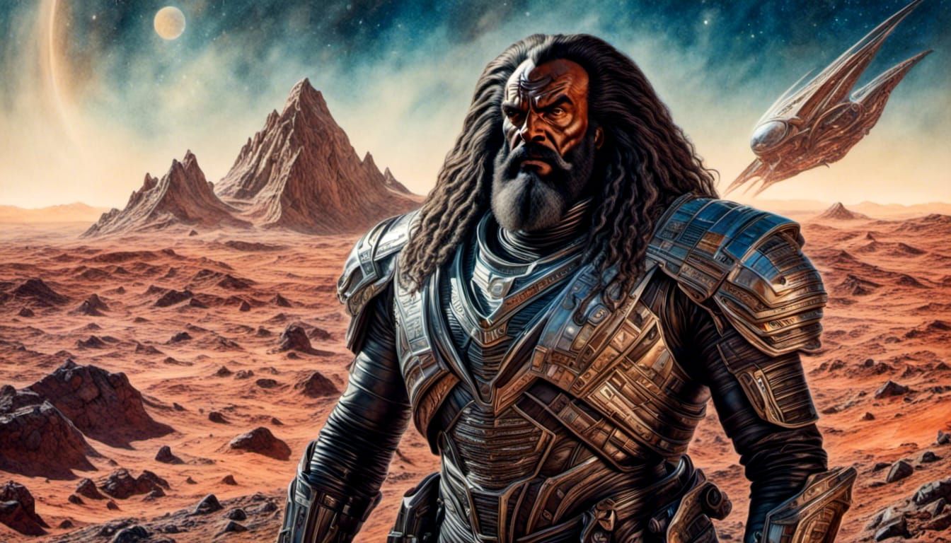 Klingon Space Explorer on Alien Planet in Watercolor