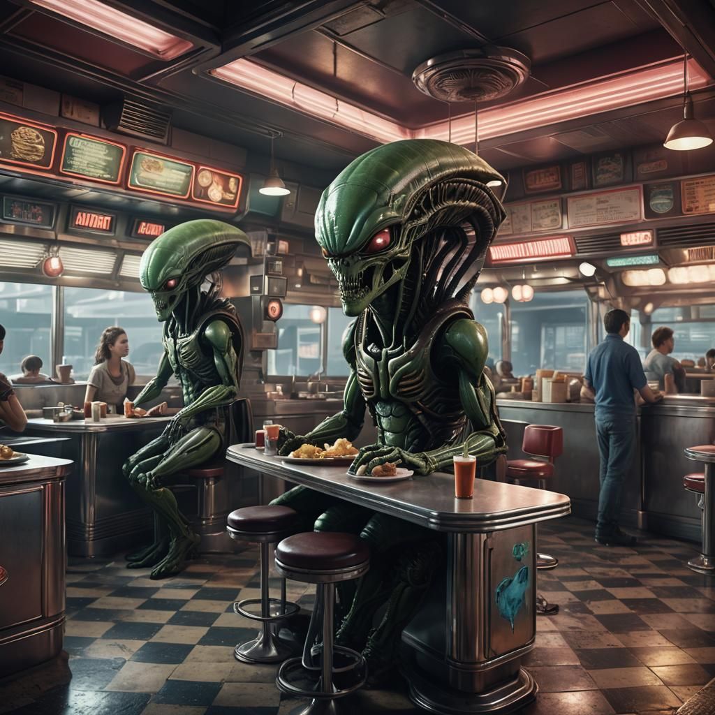 Aliens Order Food in Diner: Detailed Matte Painting