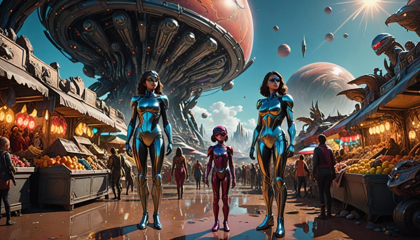 Superheroine and Daughter on Alien Planet in Digital Art