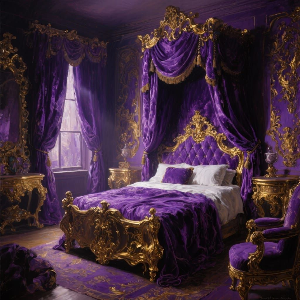 Luxurious Baroque Purple Bedroom, Opulent & Dimly Lit