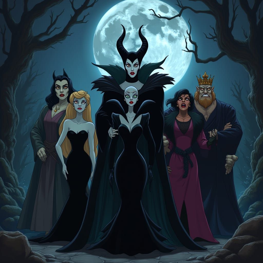 Dark Villains Gather in Ominous Moonlit Landscape
